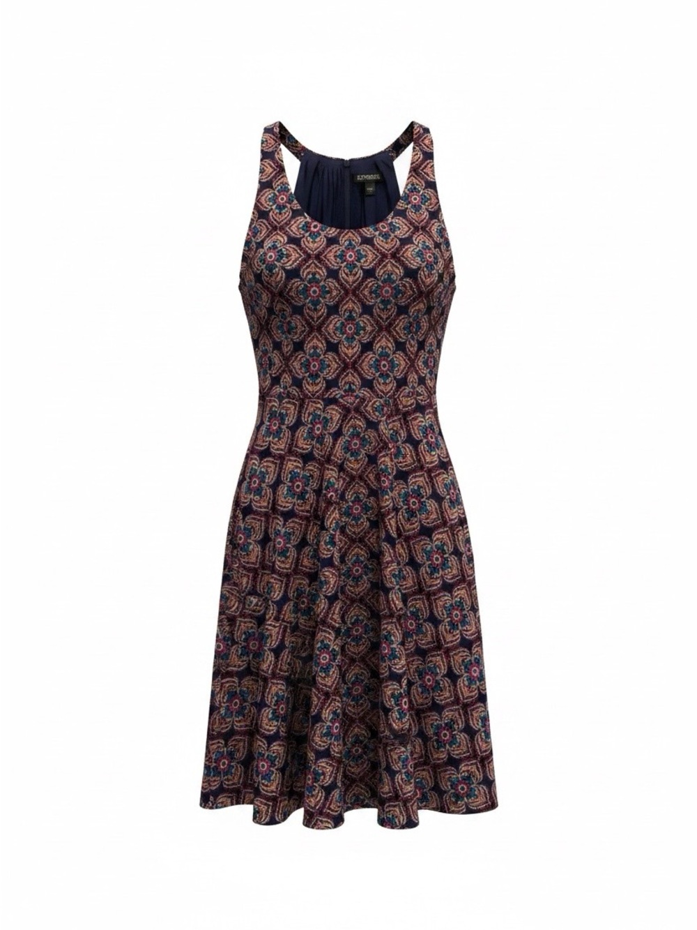 Express Navy and Burgundy Printed Midi Fit-and-Flare Dress